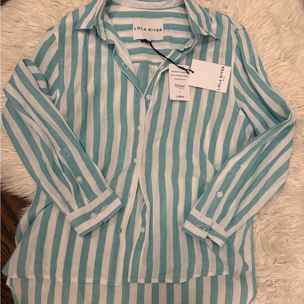 Lola River Teal Striped Button Down Shirt